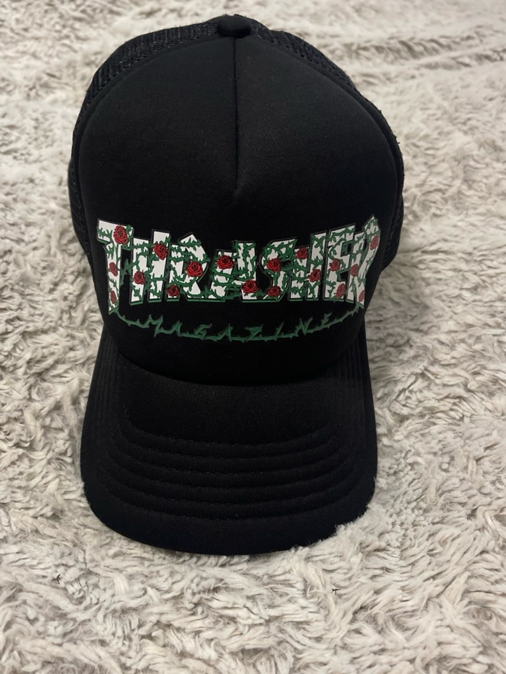 Thrasher Black Cap with Red Rose and Green Vine Logo
